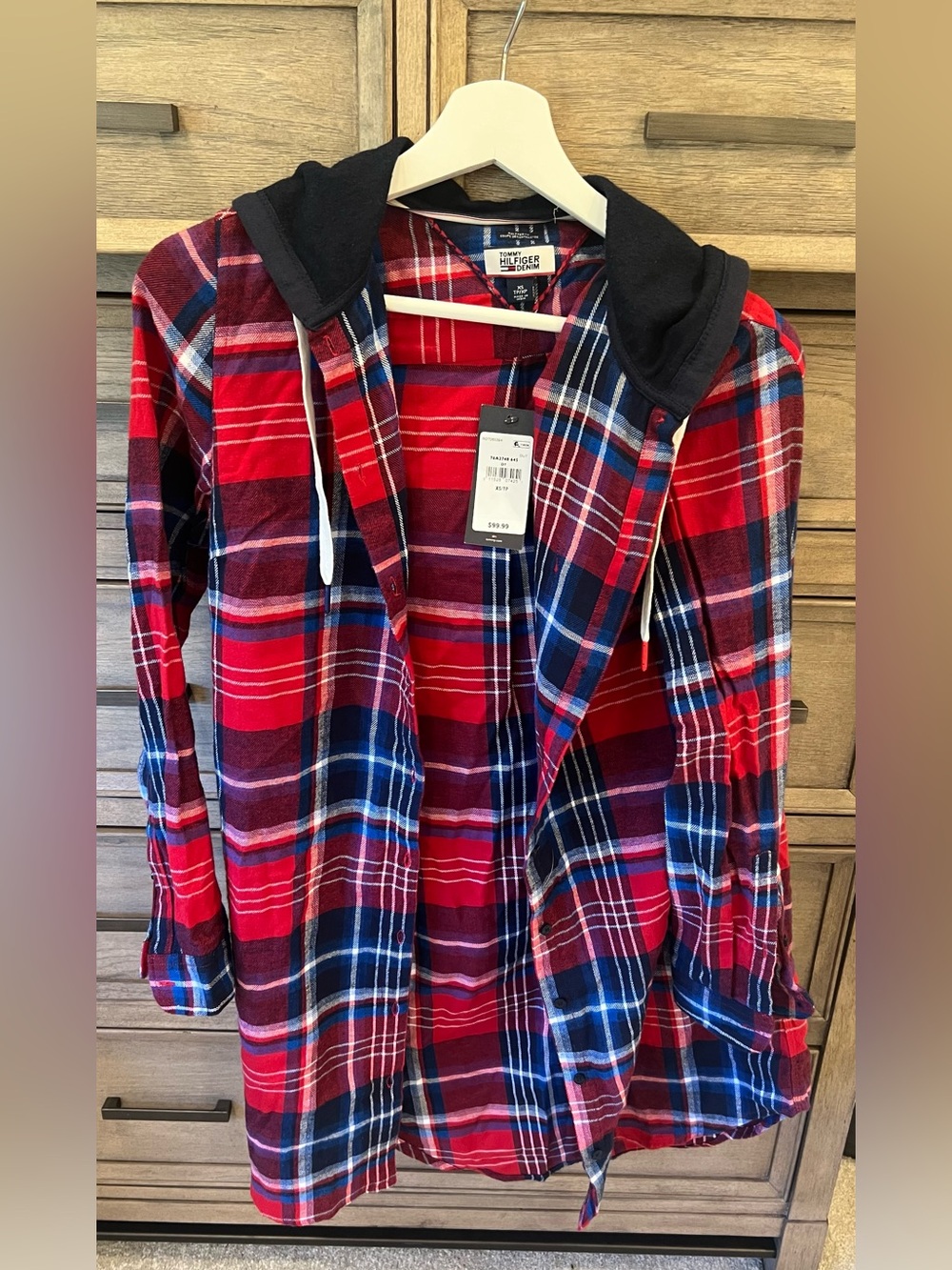 Tommy Hilfiger Red Plaid Hooded Shirt Jacket